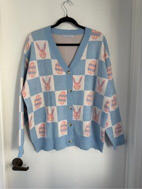 Pastel Blue Bunny & Egg V-Neck Button Cardigan